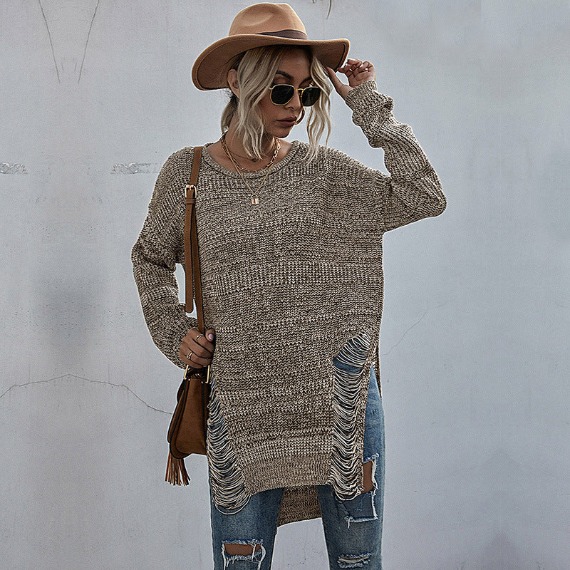 Knitwear Autumn Winter Round Neck Pullover Mid Length Hollowed Out Sweater Middle East