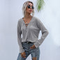 Autumn Women Clothing Gray Long Sleeves V neck Solid Color Pullover Loose Sweater Women