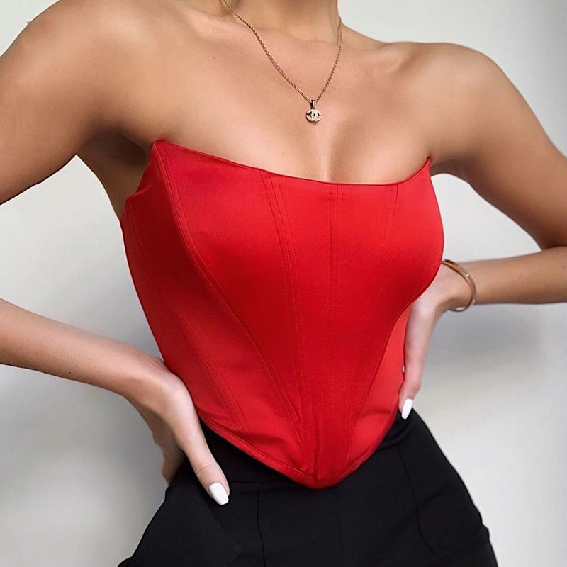 Glossy Satin Curved Chest-Wrapped Women -Style Cute Sexy Backless Navel-Exposed off-Neck Slim Top