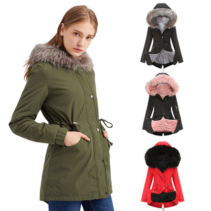 Size Big Fur Collar Thickened Women Cotton-Padded Coat Mid-Length Hooded Winter Warm Fleece Overcoat Cotton-Padded Coat