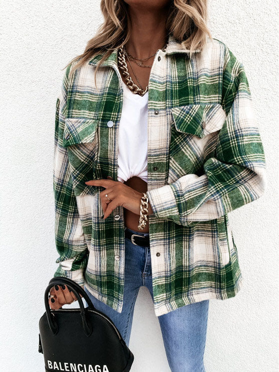 New  Internet Celebrity Autumn Winter Loose Casual Retro Plaid Long Sleeve Shacket for Women Plus Size