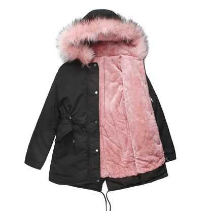 Size Big Fur Collar Thickened Women Cotton-Padded Coat Mid-Length Hooded Winter Warm Fleece Overcoat Cotton-Padded Coat