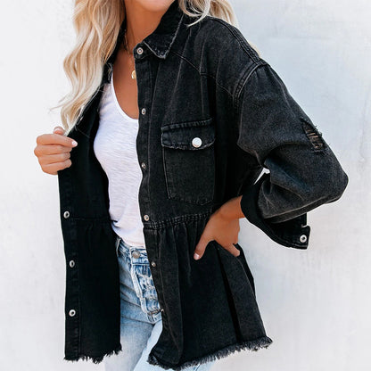 Denim Jacket Women Autumn Winter Denim Jacket Women Coat Long Sleeve Black Rough Edges