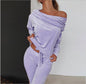 Solid Color Casual Set Off-shoulder Bow Slim Fit Homewear Suits Loungewear