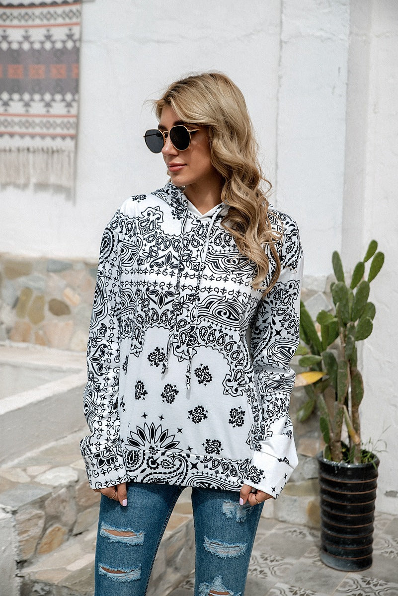 Personalized Bohemian Printed Top Women Wear Hooded Fleece Lined Sweater