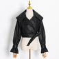 Spring Elegant Collared Lace Up Waist Solid Color Faux Leather Motorcycle Jacket Women