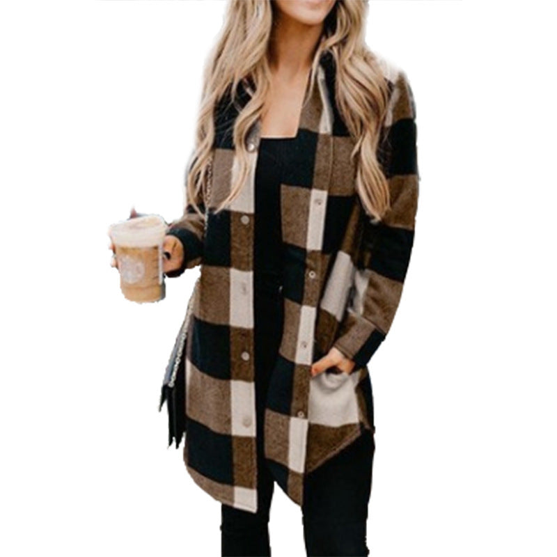 Plaid Shirt Women Mid Length Long Sleeve Women Coat Plaid Shirt Top Shacket