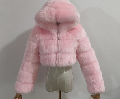 Fur Autumn Winter Artificial Fur Fox Fur Hooded Short Faux Coat Women