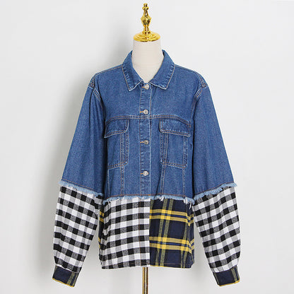 Autumn Casual Retro Lapels Single Breasted Plaid Patchwork Denim Jacket Women