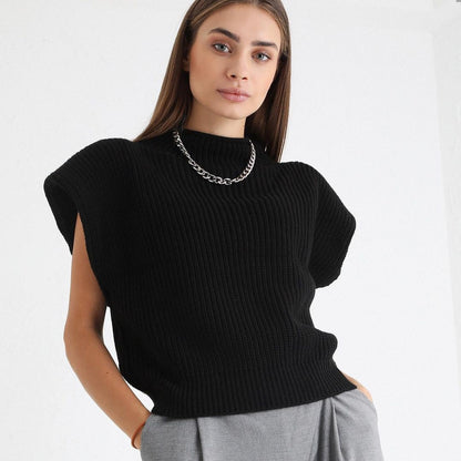 Autumn Winter Women Solid Color Sleeveless Turtleneck Casual Shoulder Pad Top Sweatervest