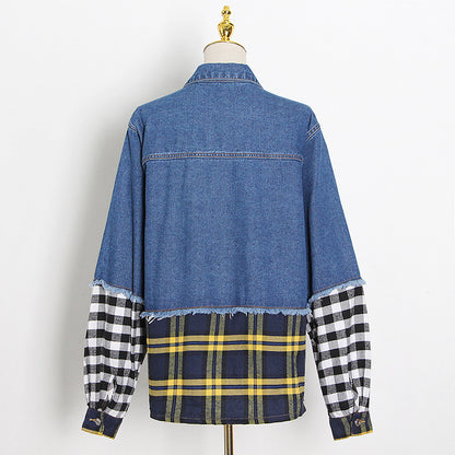 Autumn Casual Retro Lapels Single Breasted Plaid Patchwork Denim Jacket Women