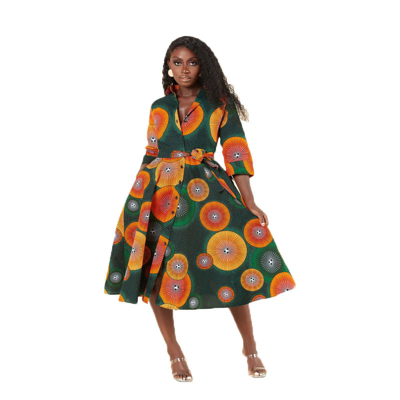 African Women Wear Mid Length Long Sleeve Printed Shirt Dress