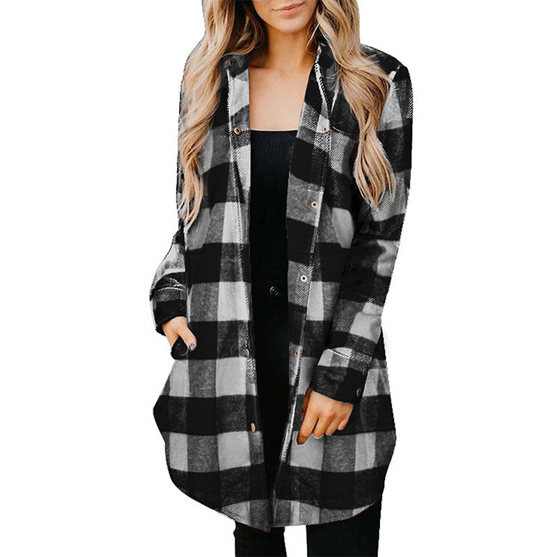 Plaid Shirt Women Mid Length Long Sleeve Women Coat Plaid Shirt Top Shacket