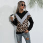 Hooded Leopard Splicing Long Sleeved  Women Casual Slim Fit Contrast Colors Top Women Clothing