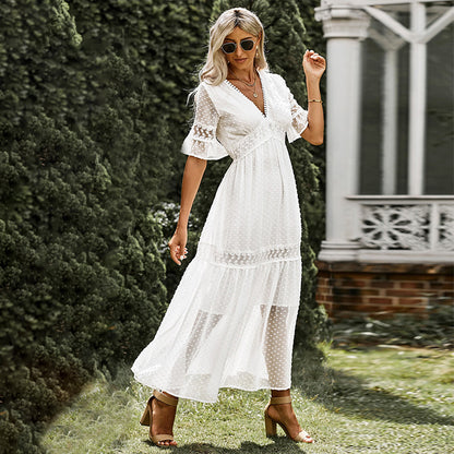 Summer Short Sleeve Dress Women Solid Color Lace V-neck Maxi Dress