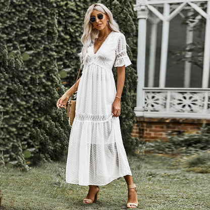 Summer Short Sleeve Dress Women Solid Color Lace V-neck Maxi Dress