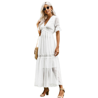 Summer Short Sleeve Dress Women Solid Color Lace V-neck Maxi Dress