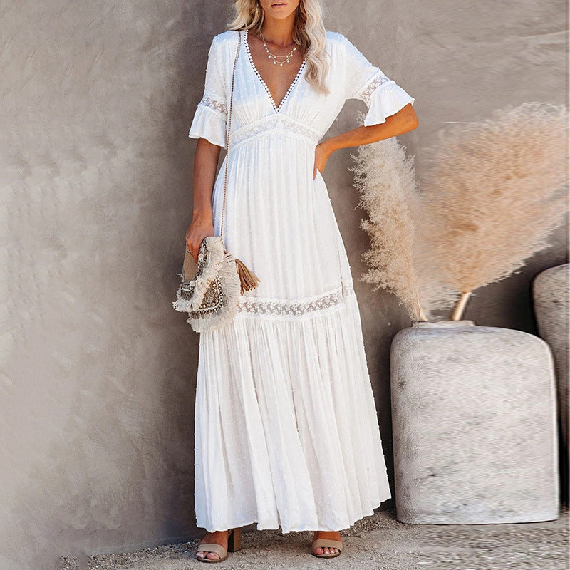 Summer Short Sleeve Dress Women Solid Color Lace V-neck Maxi Dress