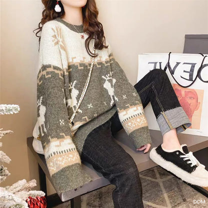 Christmas Deer Sweater Women Pullover Autumn Winter Korean Loose Comfortable Long Sleeve All-Matching Sweater Top