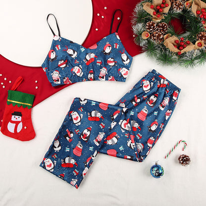 Autumn Christmas Satin Women Pajamas  Artificial Silk Cartoon Printed Suspender Trousers Home Wear