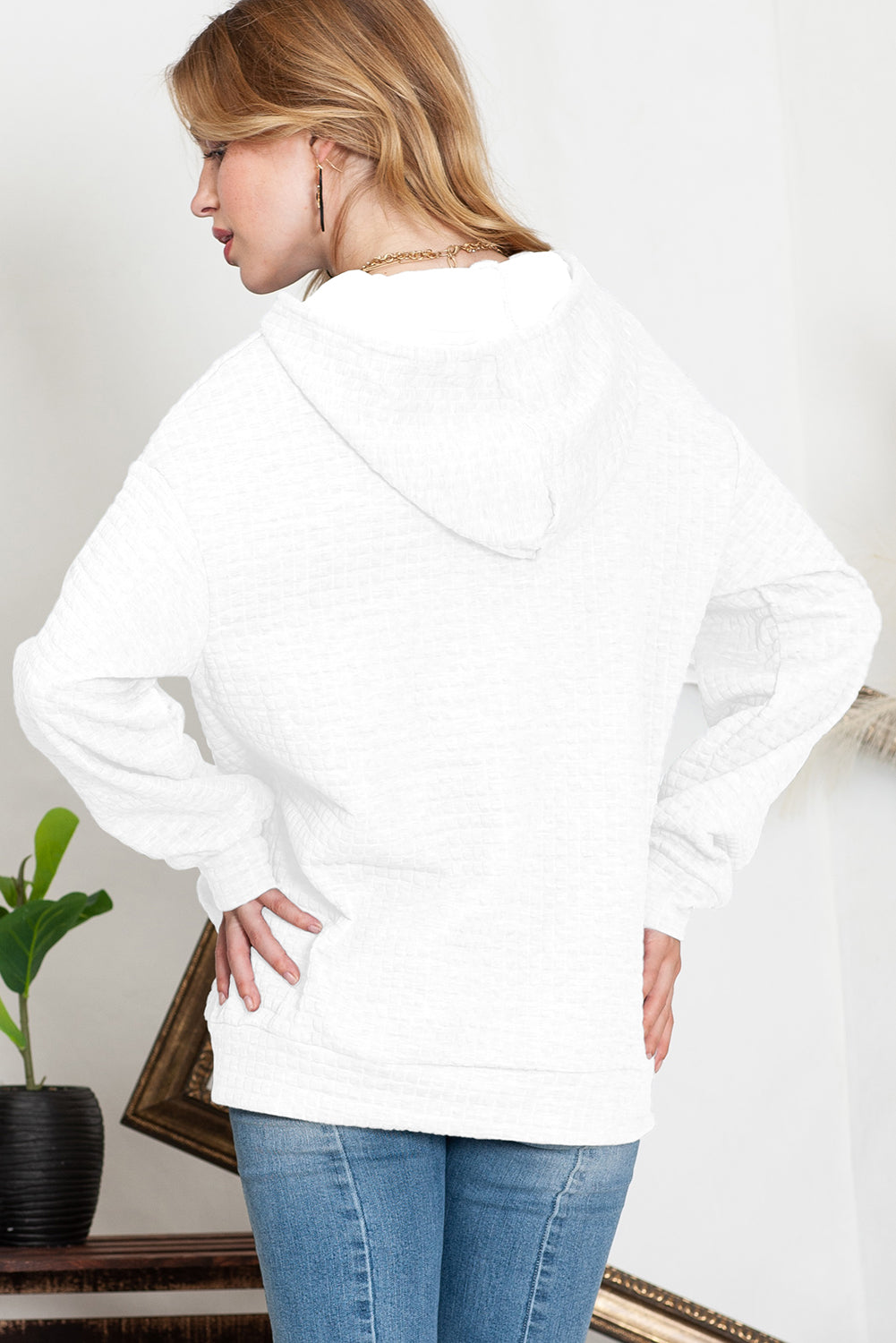 White Lattice Textured Kangaroo Pocket Drawstring Hoodie