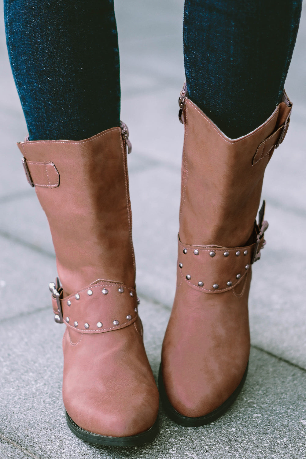 Apricot Pink Buckle Chain Decor Zipped Boots