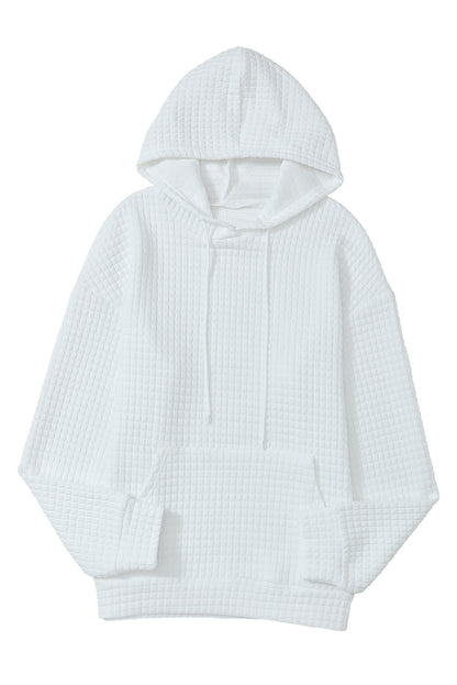 White Lattice Textured Kangaroo Pocket Drawstring Hoodie