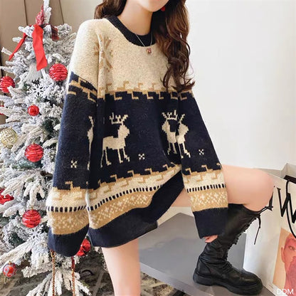 Christmas Deer Sweater Women Pullover Autumn Winter Korean Loose Comfortable Long Sleeve All-Matching Sweater Top