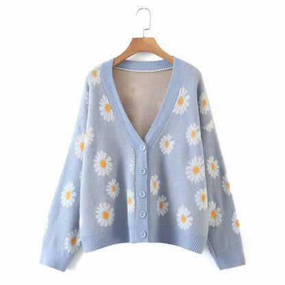 Coat Floral Cardigan Sweater V neck Long Sleeve Sweater Women Autumn Loose Idle