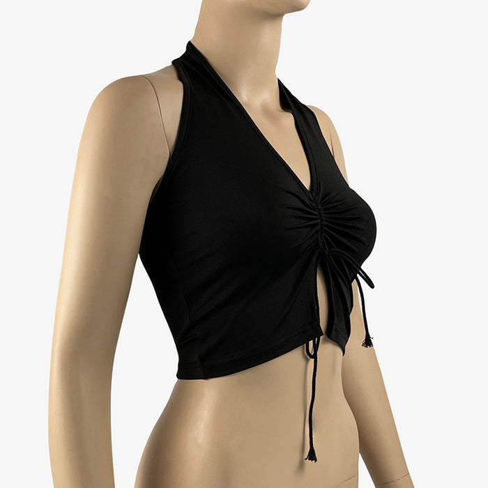Spring Summer Outerwear Backless Slim Fit Inner Street Base Black V neck Pullover Solid Color Vest