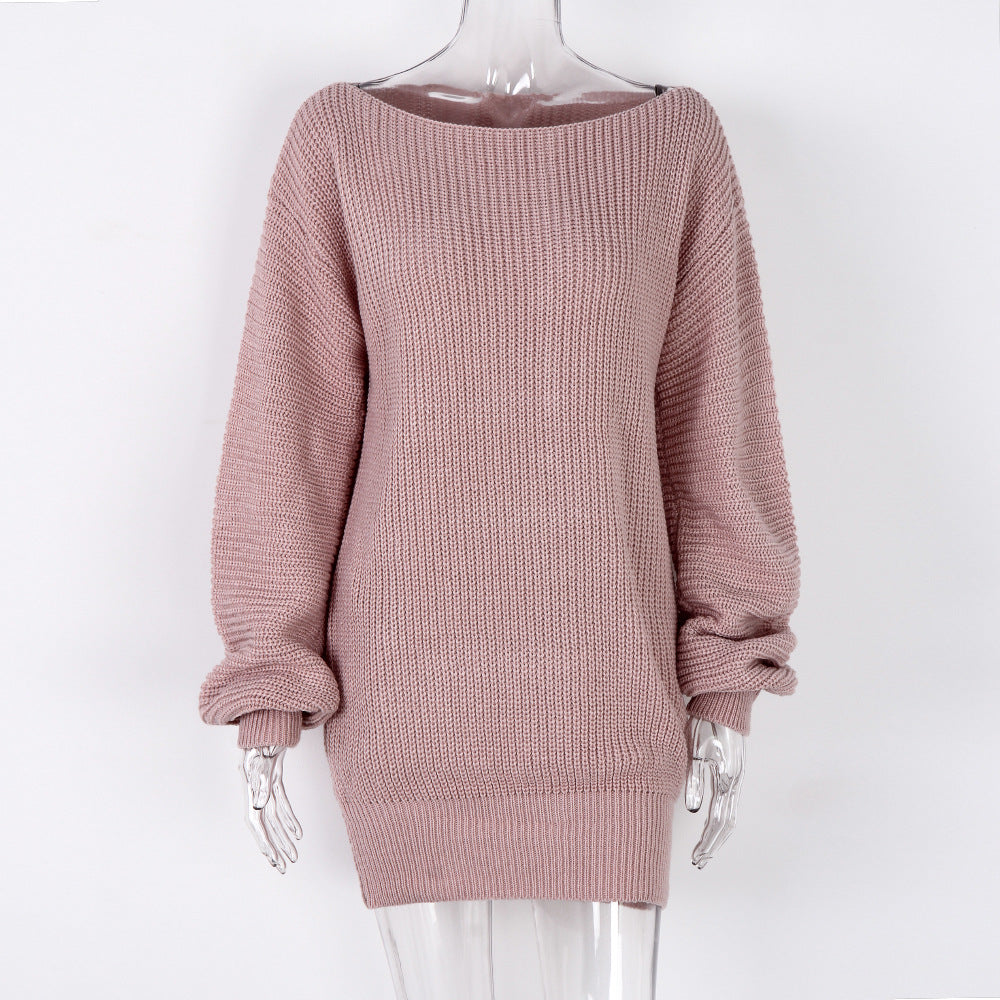 Autumn Winter Long Sleeve off Shoulder Casual Loose Knitted Sweater Dress Women Clothing