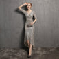 Long Sleeve V-neck Mid-Length Formal Dress Beaded Dress Wedding Banquet Party Dress Formal Gown