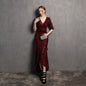 Long Sleeve V-neck Mid-Length Formal Dress  Beaded Dress Wedding Banquet Party Dress Formal Gown