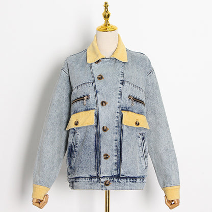 Spring Elegance Retro Collared Single Breasted Design Color Contrast Patchwork Loose Denim Jacket