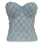 Diamond Beaded Denim Tube Top Strapless Vest Lace up Shaping Slim Fit Performance Wear Zipper Top Women