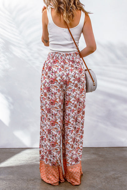 Red Floral Print Shirred High Waist Wide Leg Pants