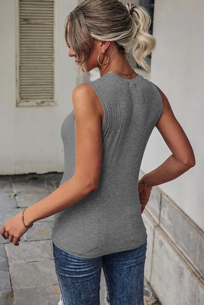 Green Ribbed Knit Cut Out Twist Front Crew Neck Tank Top