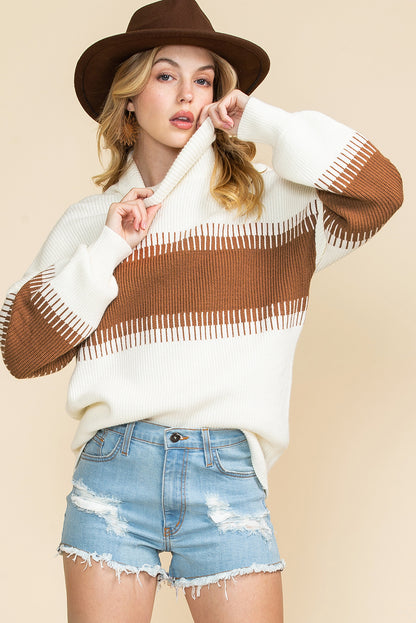 White Ribbed High Neck Bishop Sleeve Sweater