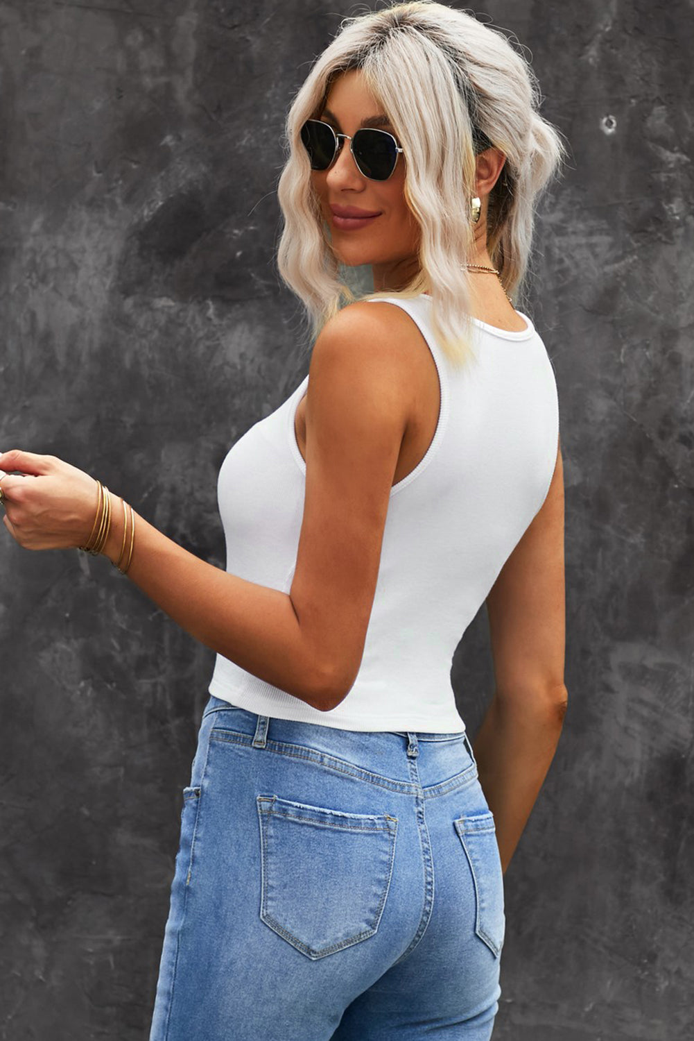 Plain White Ribbed Knit Basic Cropped Tank Top