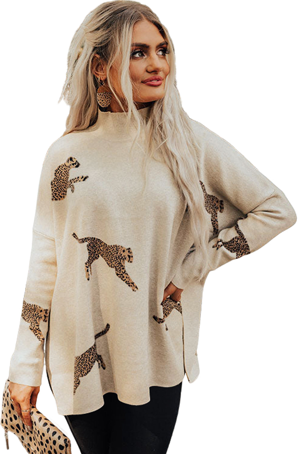Parchment Cheetah Print High Neck Split Hem Sweater