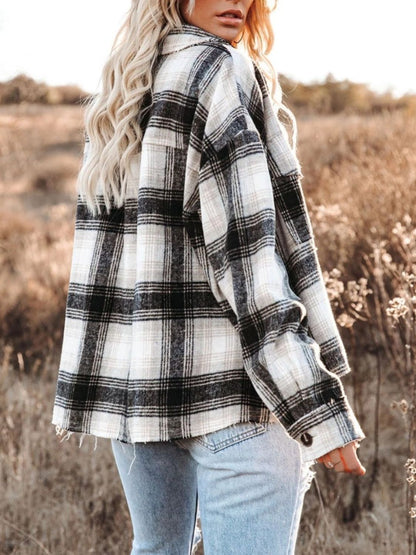 Pocketed Plaid Button Down Long Sleeve Shacket