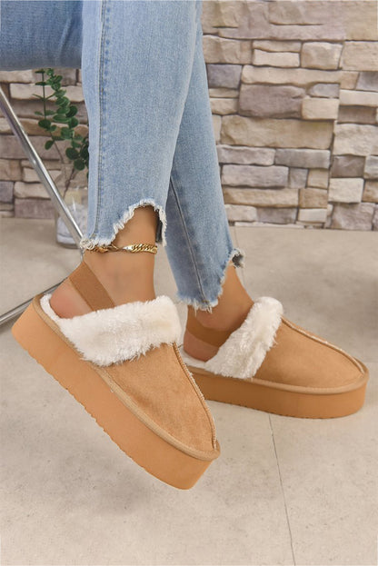 Light French Beige Suede Fluffy Slippers with Elastic Straps
