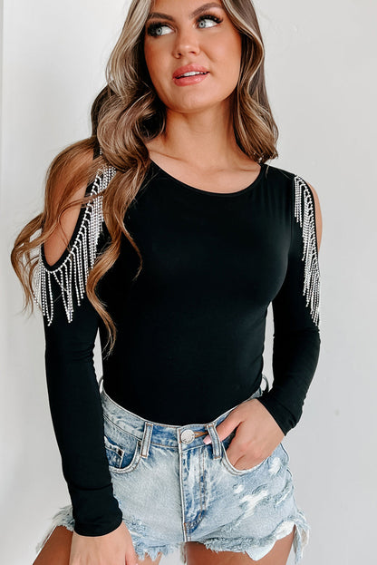 Black Rhinestone Fringed Cold Shoulder Long Sleeve Bodysuit