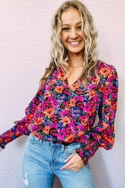 Red Floral Print Wrap V Neck Long Sleeve Bodysuit