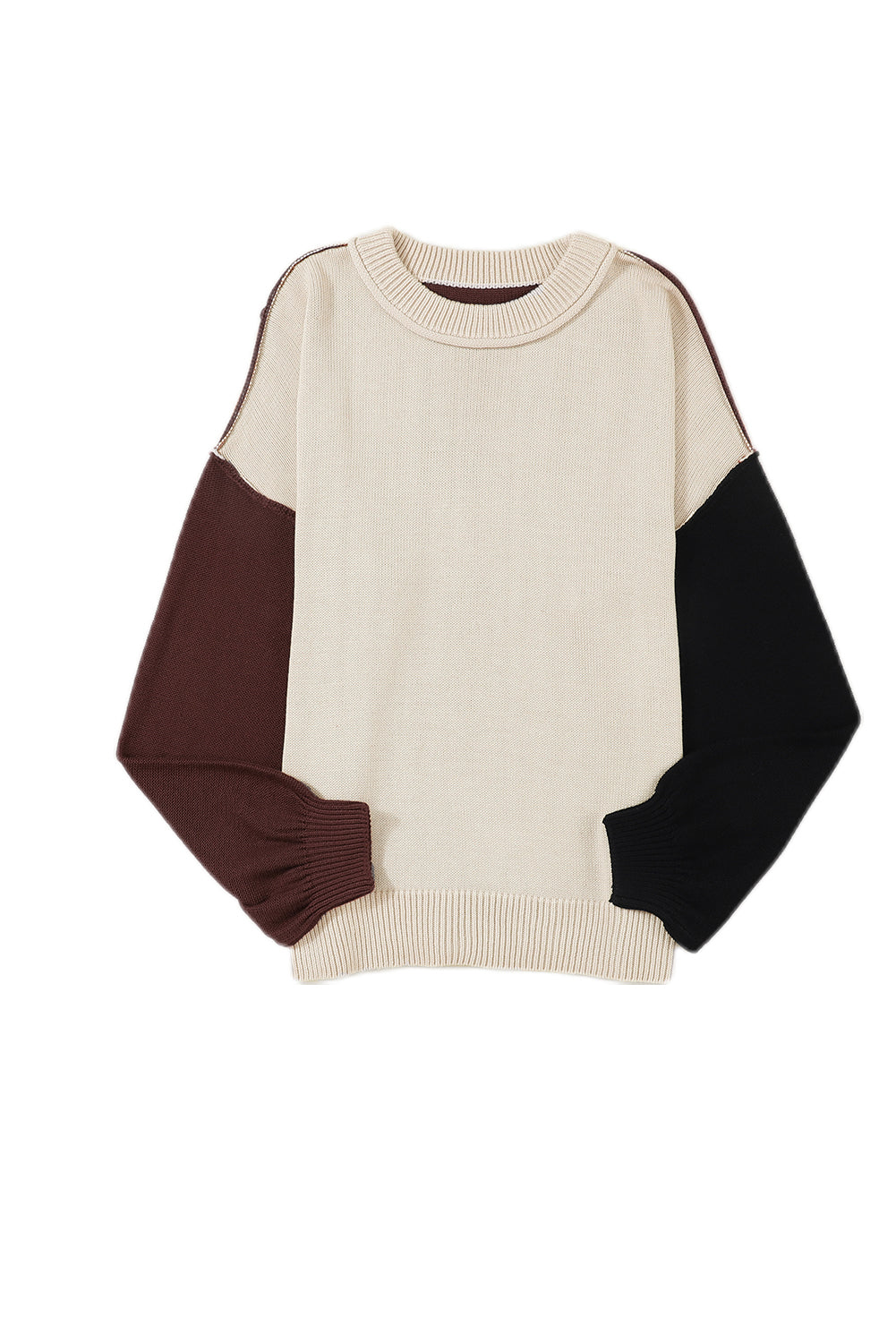 Brown Colorblock Bishop Sleeve Exposed Seam Ribbed Trim Sweater