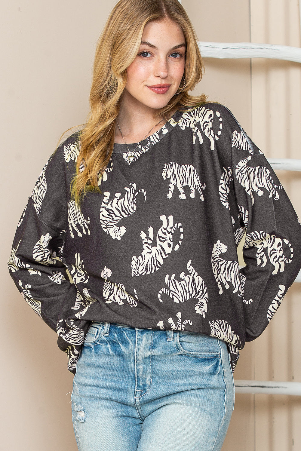 Taupe Animal Print Drop Sleeve Pullover Sweatshirt