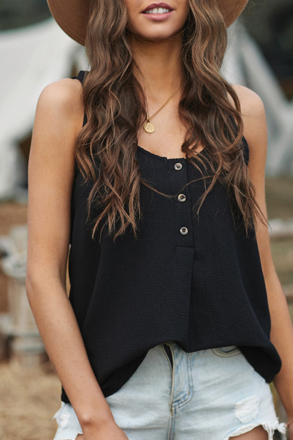 Black Casual Button Textured Cotton Tank Top