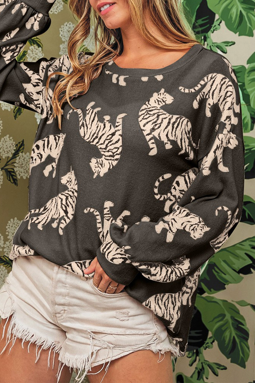 Taupe Animal Print Drop Sleeve Pullover Sweatshirt