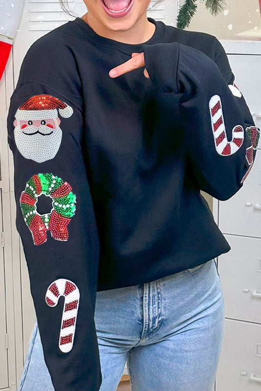 Black Christmas Pattern Sequins Crewneck Graphic Sweatshirt