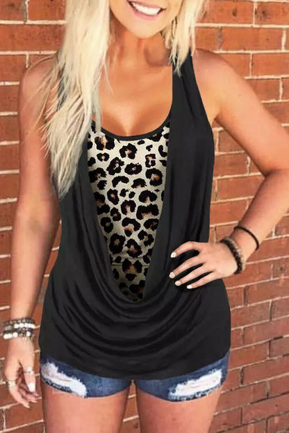 Black Leopard Ruched Fake Two Piece Tank Top